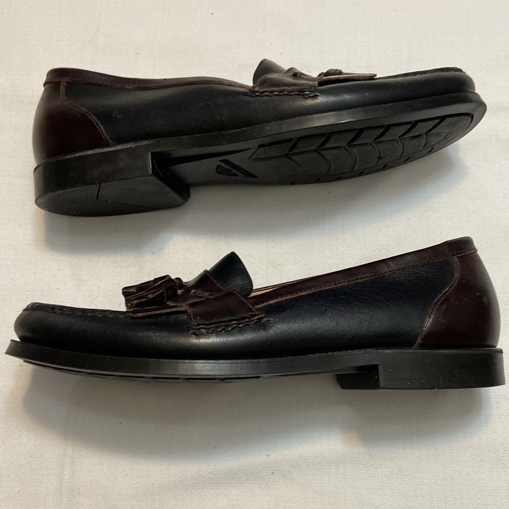 Mens Two Tone Black & Brown Leather Tassel Slip On Loafers Size 10